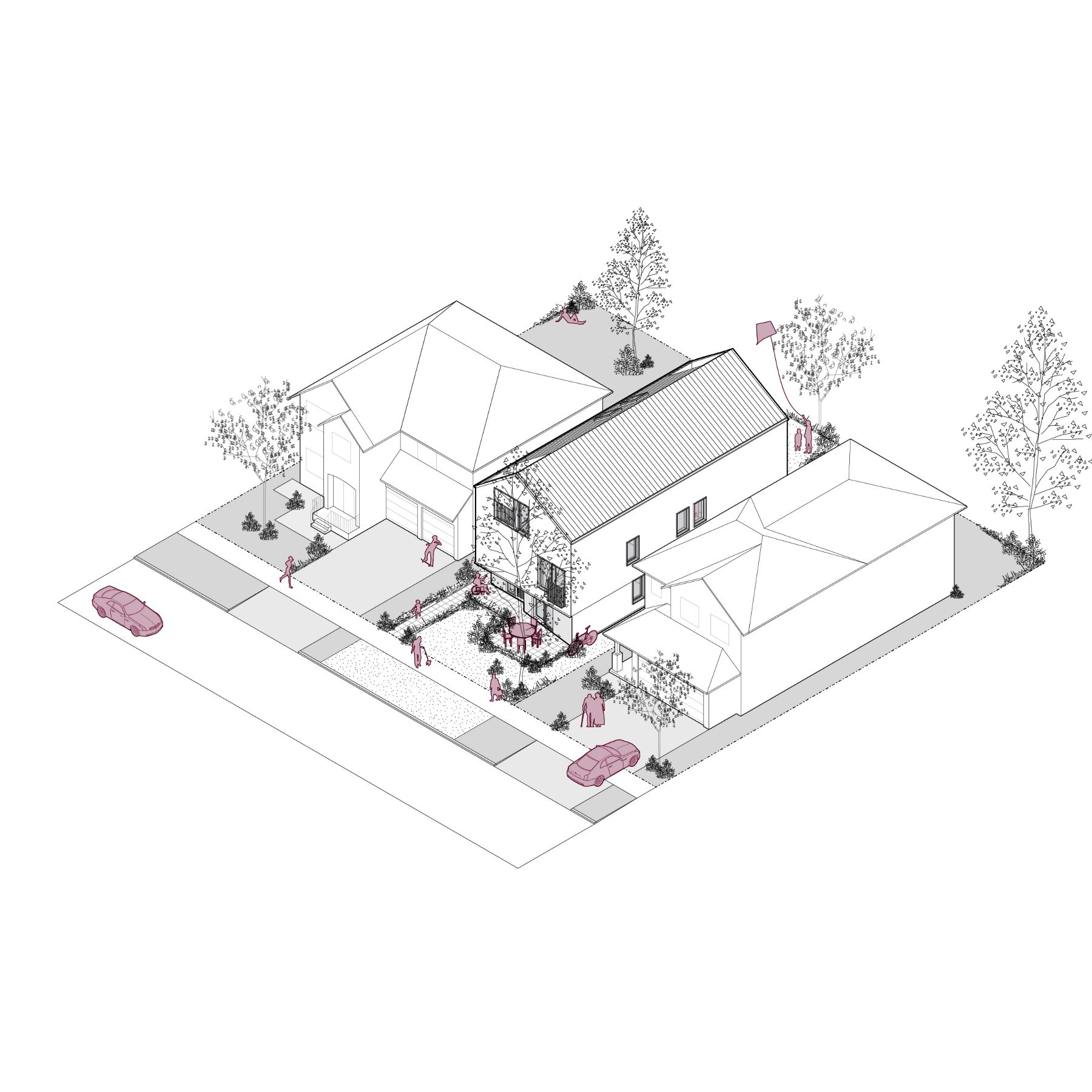 Rendu filaire 3D d’un quadruplex, d’une superficie d’environ 127,5 mètres carrés (1 372 pieds carrés). L’image montre l’immeuble de trois étages dans un quartier.
